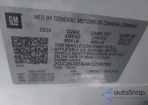 2019 Chevrolet Silverado 2500Hd Wt z USA, uszkodzony, nr VIN 2GC2KREG4K1228765